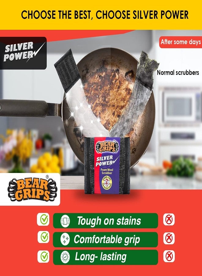 BEAR GRIPS Silver Power Foam Wool Scrubber with Steel Loops for Tough Oily Stains and Active Mesh Foam with Stain Splitter net Scrub for All Utensils Type Dish Washing - Combo Pack of 8 - Image 4
